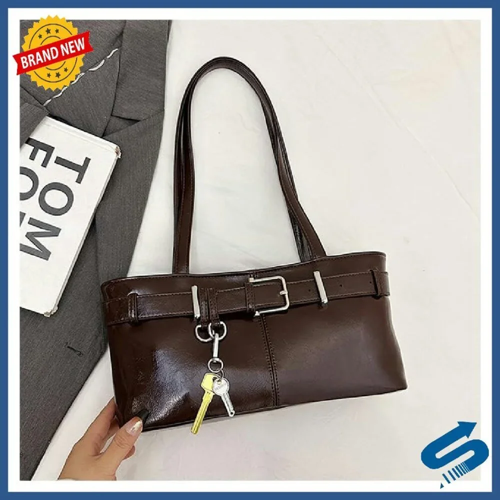 Medium Vegan Leather Tote with Belted Detail & Key Charm